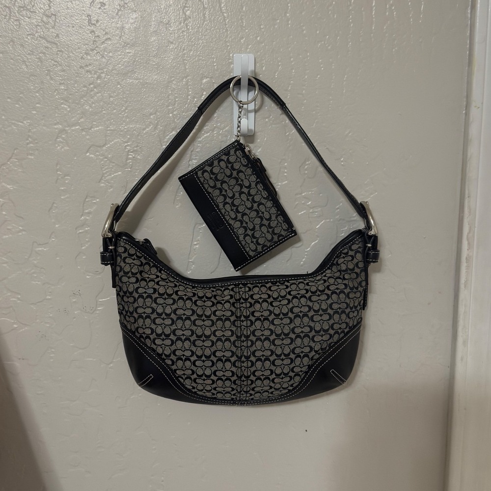 Coach Signature Small Hobo Bag and Mini Skinny ID Case Set Black Gray D0J-6351